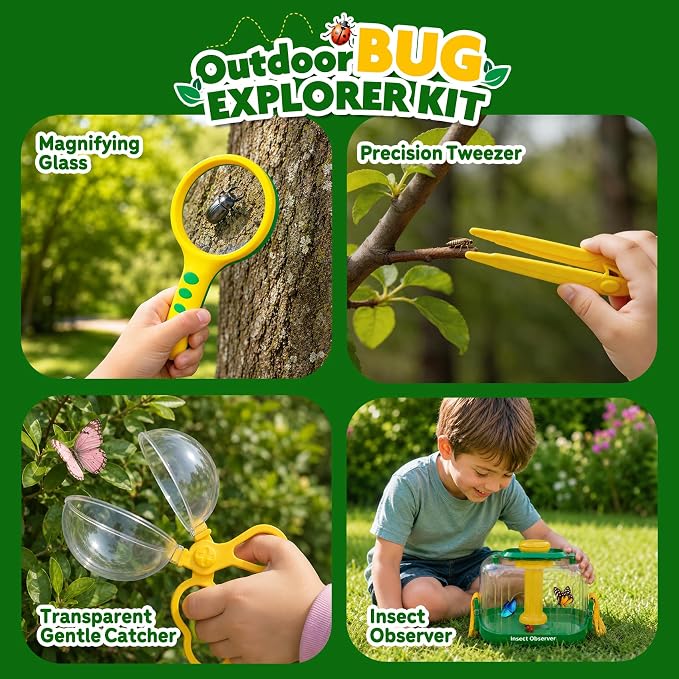 Bug Catcher Kit for Kids, 360° Rotating Insect Observation Box with Magnifying Glass, Scissor Tongs & Tweezers - STEM Outdoor Exploration Toys, Nature Adventure Learning Gift for Toddlers Boys Girls