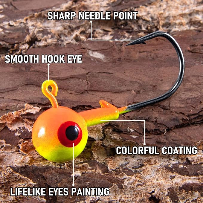 Alwonder 30-Pack Fishing Jig Heads, Round Ball Crappie Jig Head with 3D Eyes, Jigs Heads for Bass Fishing Trout Crappie Panfish Walleye, 1/32-1/2oz Live Soft Bait Ice Fishing Hook Freshwater Saltwater
