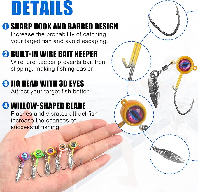 Crappie Jig Heads Fishing Lures Kit, 25pcs Underspin Jig Heads with Spinner Blade Eye Ball Head Painted Crappie Lures Fishing Jigs for Bass, Trout, Panfish, Sunfish