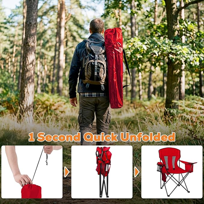 Romswi Portable Camping Chairs Support 400 LBS, Heavy Duty Folding Outdoor Chairs, Folding Chair with 4-Can Cooler Bag for Camping, Fishing, Garden, 2-Pack, Red