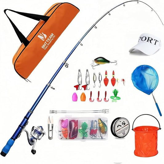 Portable Fishing Spinning Rod and Reel Combo Set Carbon Fiber Fluorescent Rod Tip, with Fishing Lures Line Carrier Bag Kits for Travel Surf Saltwater Freshwater