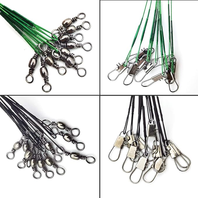 Stainless Steel Fishing Wire Leaders, Black Coated & Uncoated Options, Heavy Strength 31–100LB, 6–21in Multi Sizes with Rolling Swivels Snaps for Salt Fresh Water Shark Pike Barracuda