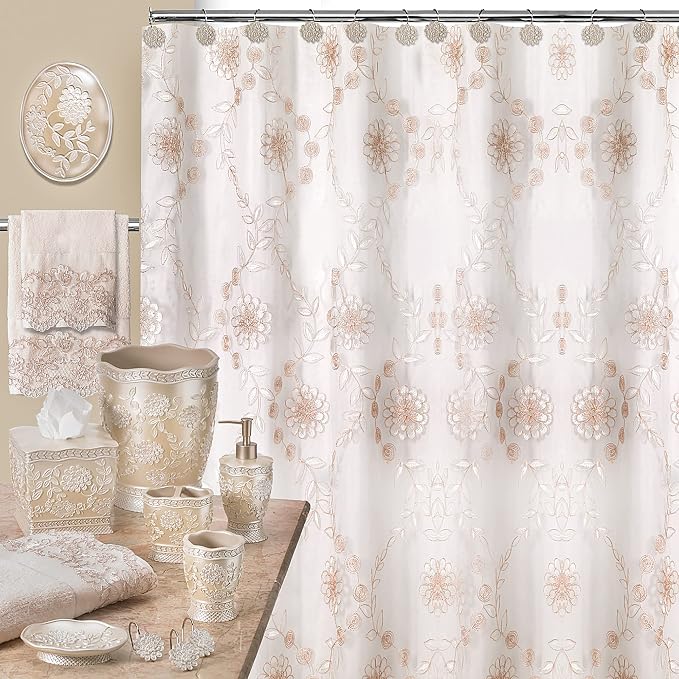 Zahari Home 13pc Rose Vine Bathroom Sheer Shower Curtain Sets Sheer Shower Curtain & 12 Shower Bathroom Hooks Modern Classic Luxury Contemporary Decor Beige Shower Curtain Set