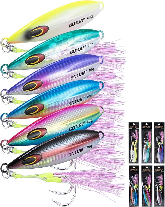 Goture Slow Pitch Jigs, Glow Flat Fall Jig Fishing Lure with Double Assist Hooks and Swivel, Fishing Jigs Saltwater 40g-250g Deep Sea Fishing Jigging Lures for Tuna,Dogtooth Tuna, Yellowtail,Kingfish