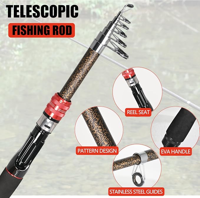 Fishing Pole Combo Set 6.9ft Telescopic Fishing Rod and Reel Combo with Fishing Pliers and Lip Gripper Collapsible Fishing Rod and Reel Kits for Bass Sea Saltwater Freshwater