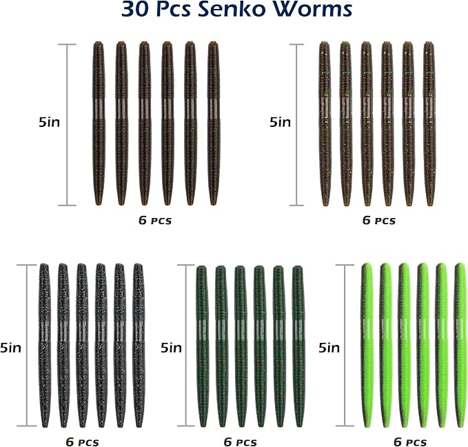 30/50/78/100Pcs Senko Worms Kit – 4"/5" Soft Plastic Fishing Lures with Salt Impregnation for Bass Fishing