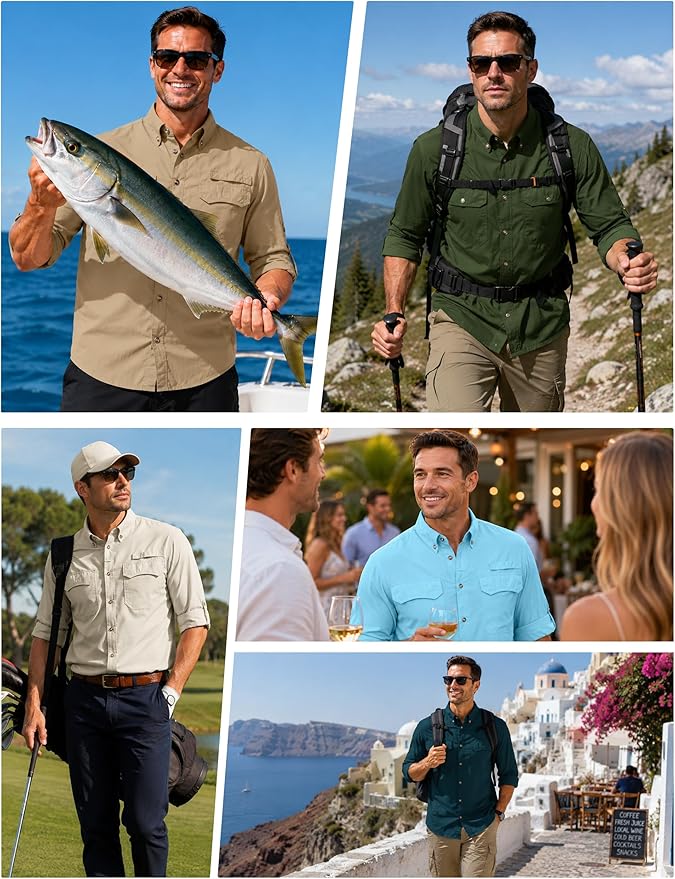 Roadbox Men's Sun Protection Fishing Shirt, Long Sleeve Cool Dry Lightweight UPF 50+ Shirts for Hiking Safari Camping Travel