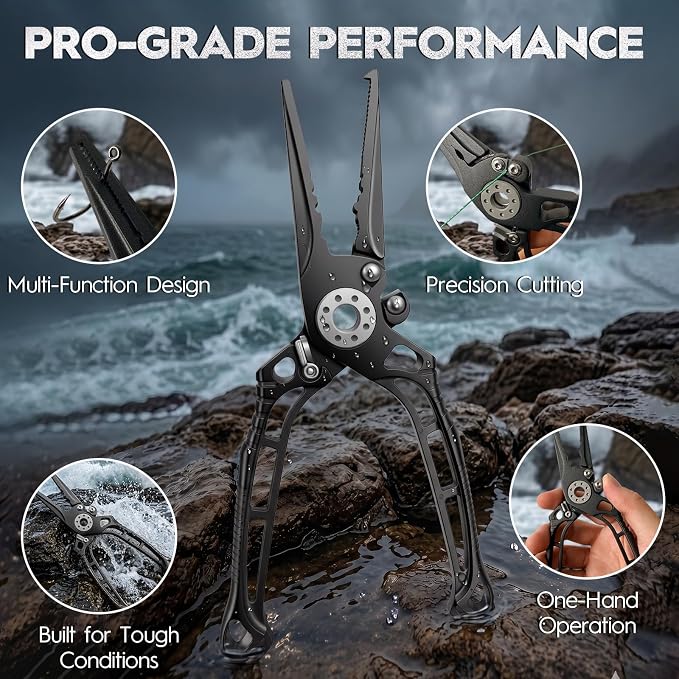 BASICGEAR Pro Fishing Pliers, 17-4PH Stainless Steel, 8", Saltwater Resistant, Braid Cutter, Split Ring Tool, Gunmetal Gray