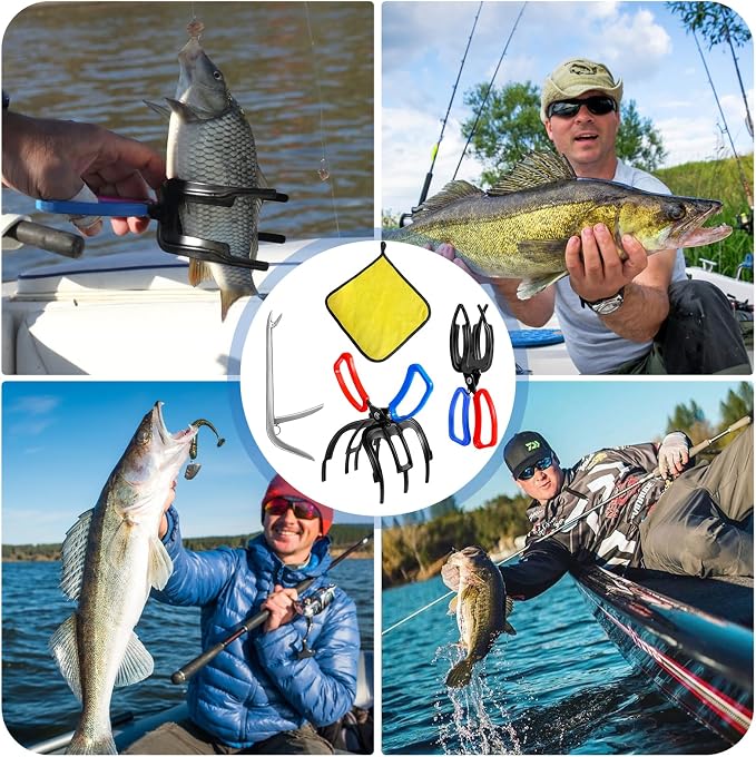 3 Packs Upgrade 2/3 Claw Fish Gripper with Stainless Steel Hook Remover, Metal Fishing Pliers Gripper Catch Control Clamp,Fish Grip Tackle Holder & Steel Dehooker for Freshwater and Saltwater Fishing