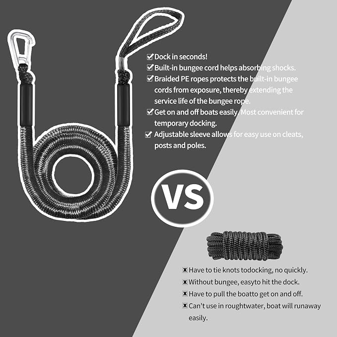 Boat Bungee Dock Lines – Adjustable Boat Tie Downs for Pontoon, Jet Ski, PWC, Kayak | Single Hook Small Cruiser Mooring Lines | (1, Black, 14 Feet)