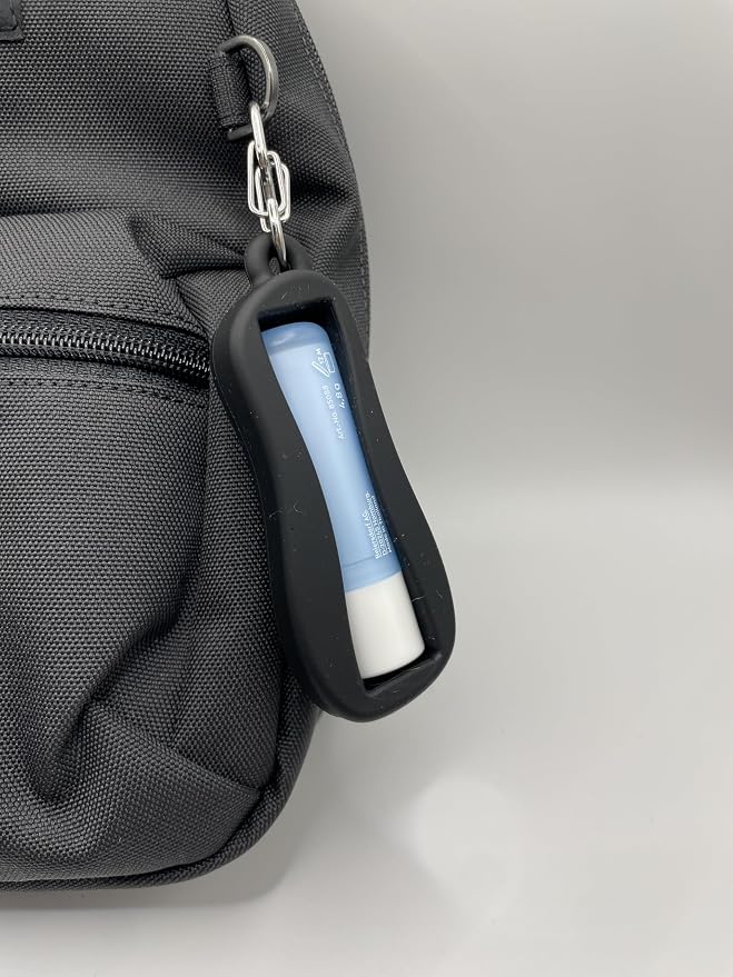 Cute Chapstick Holder keyring with Strap & Carabiner – Durable Silicone Lip Balm Keychain for Women & Backpacks (Black)