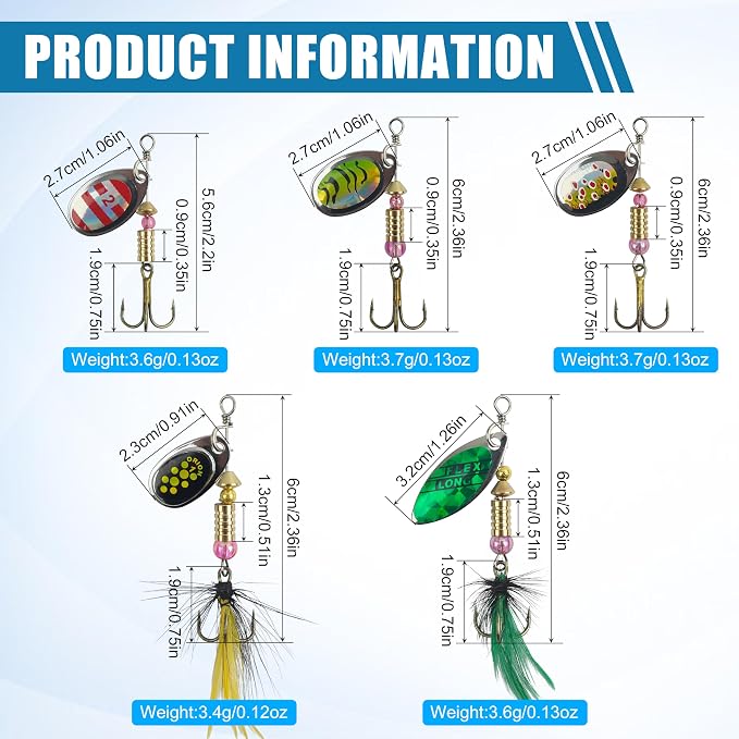 Fishing Lures Spinnerbait Kit Rooster Bait Tail Fishing Lures Inline Spinner Baits Bass Salmon Trout Spoon Hard Metal Spinnerbaits for Saltwater Freshwater