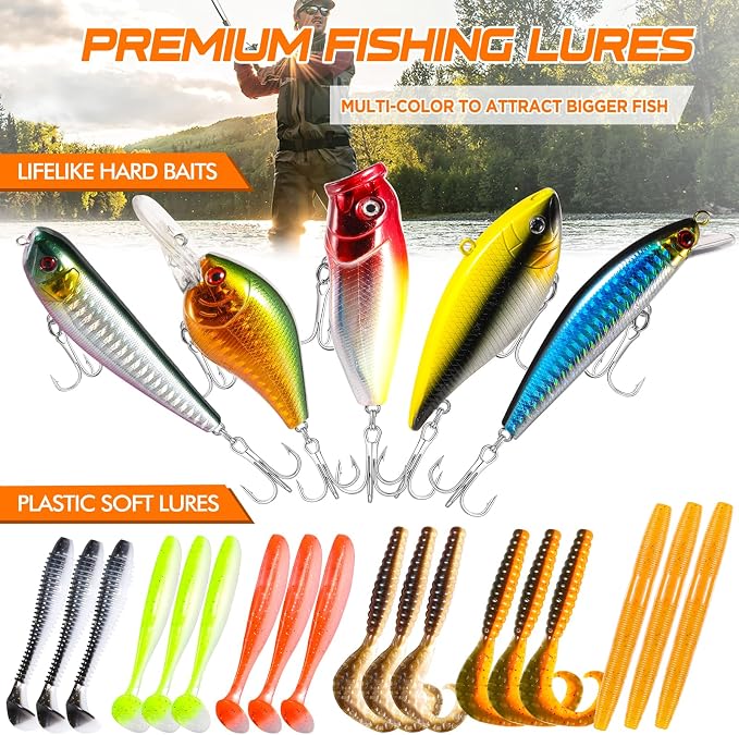 PLUSINNO 353/404 PCS Fishing Lures, Upgrade Fishing Tackle Box with Tackle Included, Crankbaits, Hooks, Weights, Other Accessories, Fishing Lure Bait Gear Equipment Kit Gift for Men Freshwater Bass