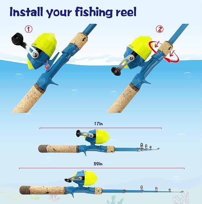 Kids Rod Set, Kids Fishing Rod and Reel Combo and Fishing Net Tackle Box with Fishing Lure Hook and Bag for Girls Beginners, Kids, Youth Anglers