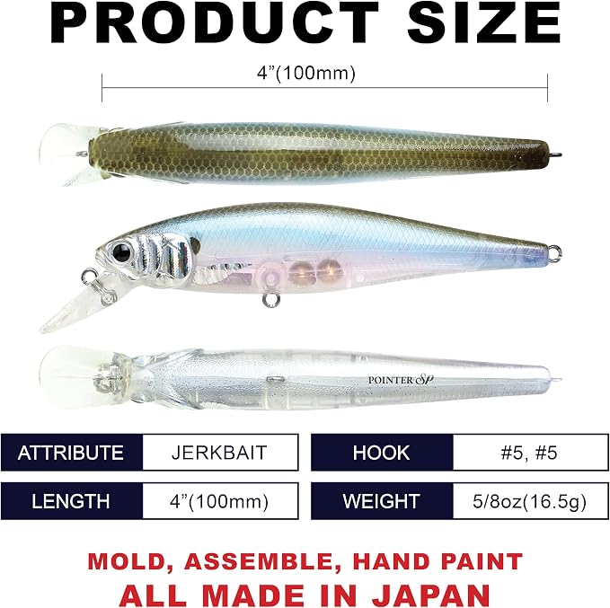 LUCKY CRAFT Pointer 100, Jerkbait Side by Side Action Tournament Winning Perfect Wobbling Freshwater Lake Bass Fishing Champion Bait