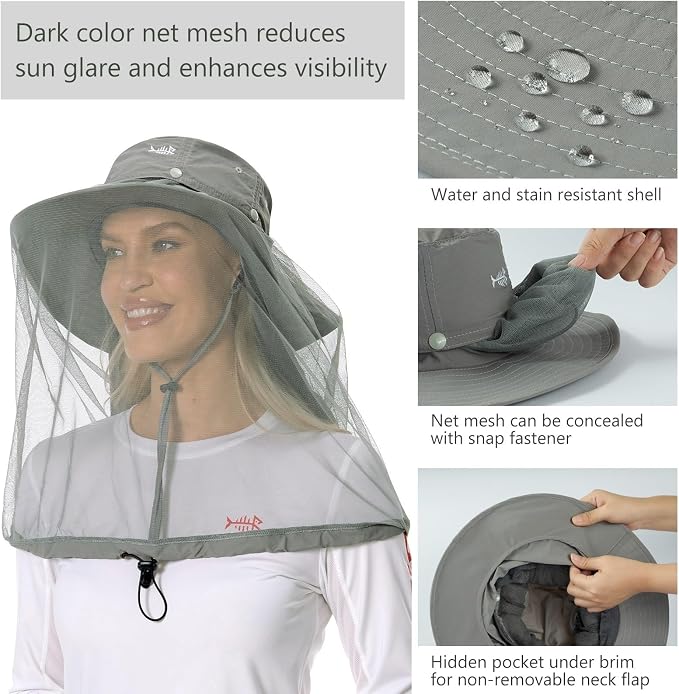 BASSDASH UPF 50+ Mosquito Sun Hat with Hidden Head Net and Neck Flap for Men Women Outdoor Fishing Hiking Camping