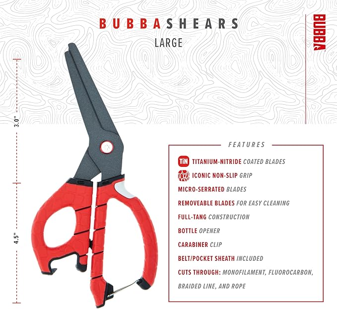 BUBBA Large Shears Fishing Tool With Micro-Serrated Blades for Braided Line - Clip Sheath Included