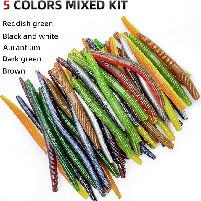 5.5" and 4" Wacky Worms Soft Fishing Lures Worm Soft Plastic Bass Baits Mixed Kit Plastic Worm Stick Baits for Freshwater Saltwater
