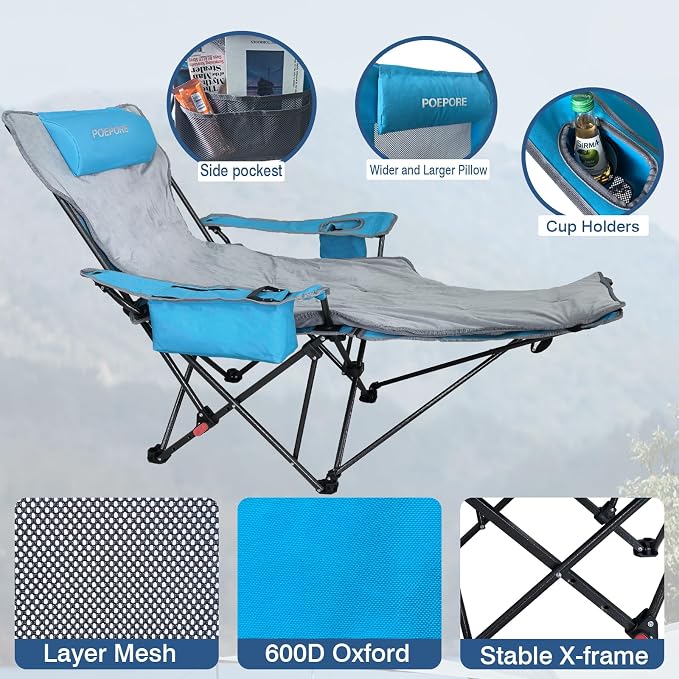 Reclining Camping Chair 4 Position with Foot Rest Comfortable for Adults 265Ibs Folding Lounger Mesh Beach Chair with Cooler Bag,Cotton Cushion and Cup Holder for Outdoor Patio