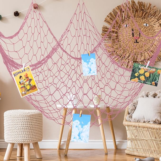 12 Pack Decorative Fish Netting for Party 80 x 40 Inch Natural Cotton Fish Net Decorations for Pirate Ocean Under The Sea Hawaiian Mermaid Party Picture Wall Hanging Decoration(Pink)