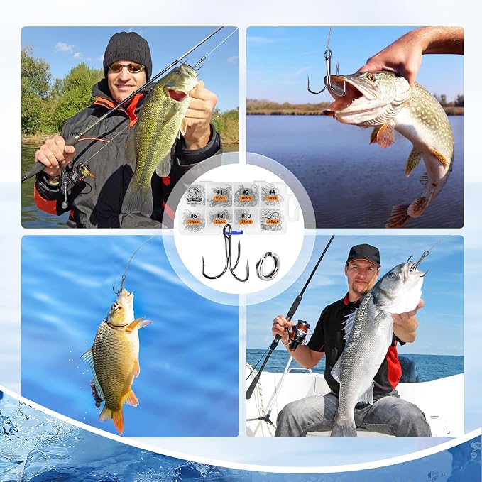 UCEC Fishing Hooks Treble Hooks Kit for Saltwater Freshwater, High Carbon Steel Strong Sharp Round Bend for Catfish Trout Hard Baits Lures, Size #1#2#4#6#8#10#12#14 110/50/210 Pack with Split Rings