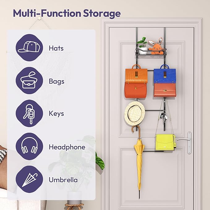 SWTYMIKI Over The Door Purse Organizer - Wall Mounted Purse Rack with 10 Hooks and Metal Basket, Handbag Hanger Organizer Holds up to 10 Bags, Bag Rack Can Use As 1/2 Part, for Door, Closet
