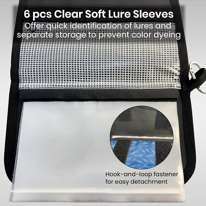 Pristis Fishing Soft Lure Storage Binder Bag, Plastic Bait Organizer Wallet Case with 6 Transparent Pocket Sleeves for Worm Rigs Lines, Durable Tackle Accessory for Saltwater Freshwater