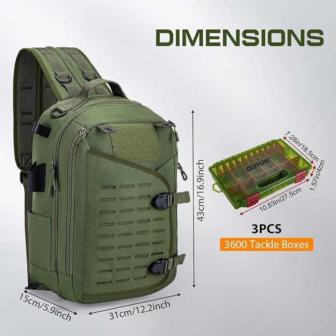 Goture Green Tackle Bag with 3600 Trays, Rod Holder 900D Fishing Tackle Storage Bag for Kayak, Shore Fishing