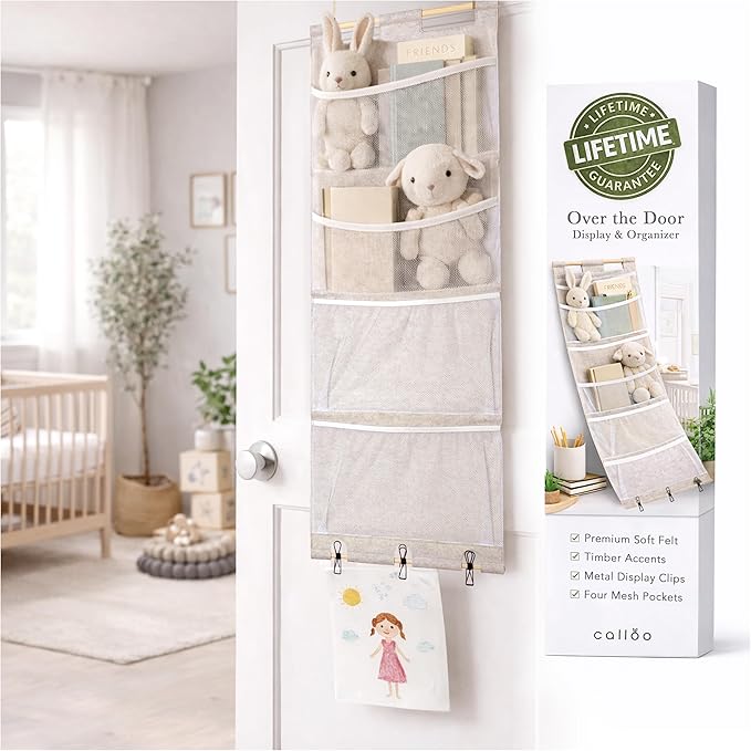 Over the Door Stuffed Animal Storage for Kids – Felt Organizer with Clips to Display Art and Mesh Pockets for Stuffies, Books and More – Space-Saving Hanging Design that Grows with your Child