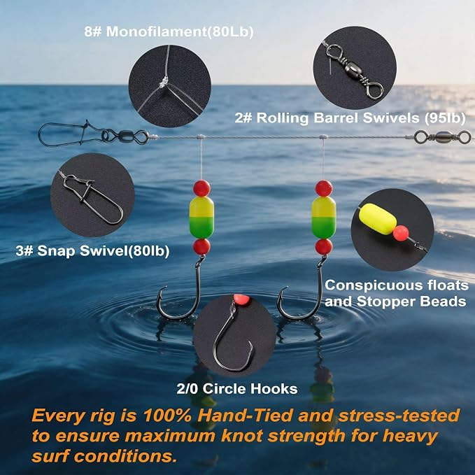 9-Pack Hand-Tied Pompano Rigs - 50lb Surf Fishing Rigs with 104pc DIY Tackle Refill Kit, Tide Card - Pre-Rigged for Pompano, Redfish, Flounder - Gift for Men Dad