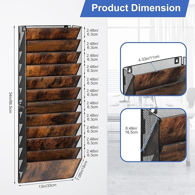 TQVAI 12-Pocket Hanging Wall File Organizer - Metal Folding Wall Mounted Mail Document Holder, Multi-Purpose Clipboard Storage Rack for Office, Homeschool, Classroom Organization, Black/Vintage