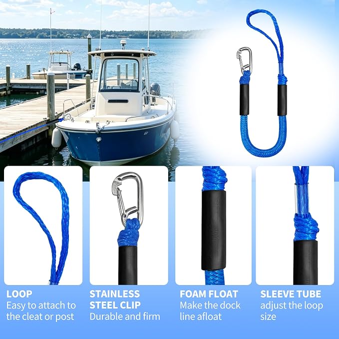 2FT Boat Dock Line Shock Absorbing Mooring Bungee Dock Lines for Boats Accessories Ideal for SeaDoo, Kayak, Pontoon, Power Boat 2PCS(Blue, 2FT-Single Clips)