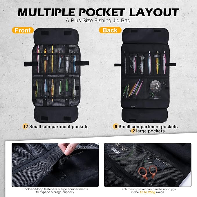 Goture Fishing Jig Bag,20 Mesh Pockets Portable Water-Resistant 600D PU Fishinig Lure Bag Saltwater Freshwater Suitable For Max 10" Length Vertical Jig Slow Pitch Jigging Bait Storage (16.92"x11.81")