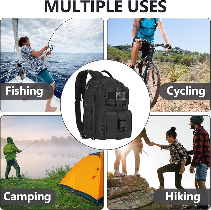 GMAK Fishing Backpack Tackle Sling Bag, Large Tactical Fishing Tackle Backpack with Rod & Gear Holder, Lightweight Outdoor Water-Resistant Tackle Gear Pack Shoulder Bags for Men Women, Black