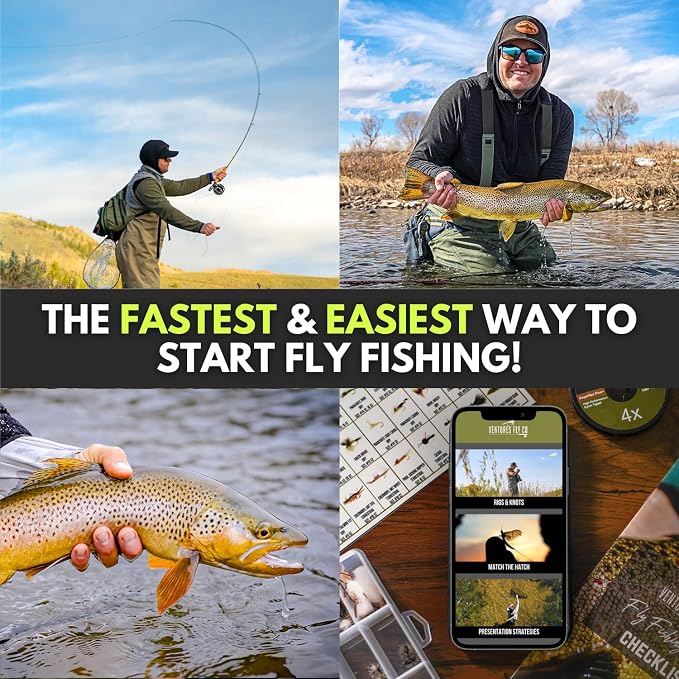 Ventures Fly Co. | Starter Packages | 23 Fly Fishing Accessories Complete Gear Combo | Perfect Beginner Kit | Includes Rod, Reel, Line, Flies, Leader, Tippet, Forceps, Nipper, Floatant & Net
