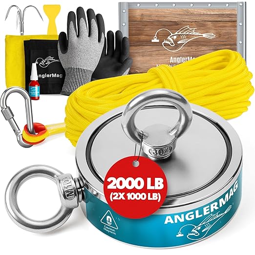 AnglerMag Magnet Fishing Kit - 2000 lbs Double Sided Neodymium Magnetic Fishing Stuff with Rope - 10 PCS Extra Strong Complete Gift Set with eBook, Carabiner, Gloves, Grappling Hook & Carrying Bag
