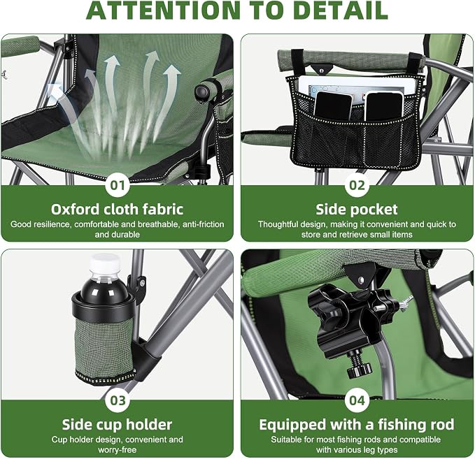 New Folding Fishing Chair with Rod Holder, 150Kg Heavy Duty All Terrain Chair with Side Pocket, Cup Holder, Portable Adults Armchair for Outdoor, Camping, Garden, Beach, Lawn, Picnic Black Green