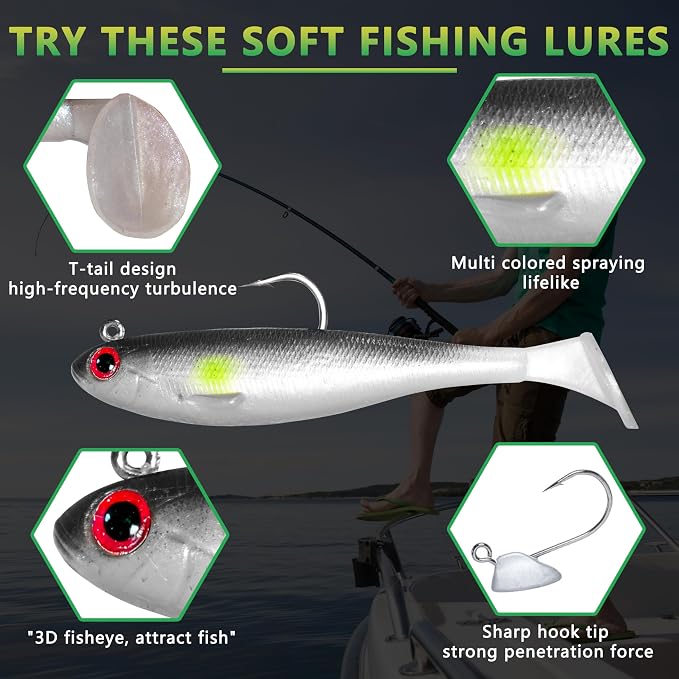 Soft Fishing Lures for Bass Fishing:Pre-Gigged Swim Baits for Saltwater or Freshwater.Soft Plastic Fishing Accessories.