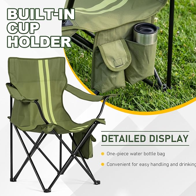 Outvita Heavy Duty Camping Chair with Insulated Cooler, 350LBS Folding Portable Chair with Cup Holder, Side & Back Pockets, Outdoor Foldable Chair for Camping Fishing Tailgating Beach