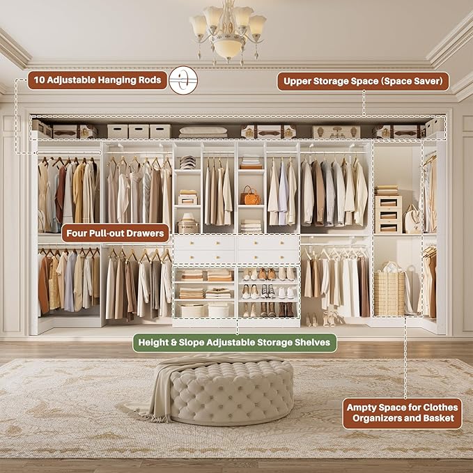 Closet System with 4 Drawers & Corner Tower, Closet Organizer System with 10 Hanging Robs, Reversible U Shaped Walk-in Closet System, Load 3600+LBS Capacity, Set of 4, White