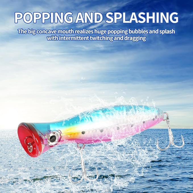 Large Top Water Popper Lure: 2pcs 3D Eyes Tuna Popper Saltwater Fishing Lures for Surf Fishing Gt Tuna Kingfish Large Predator Fish