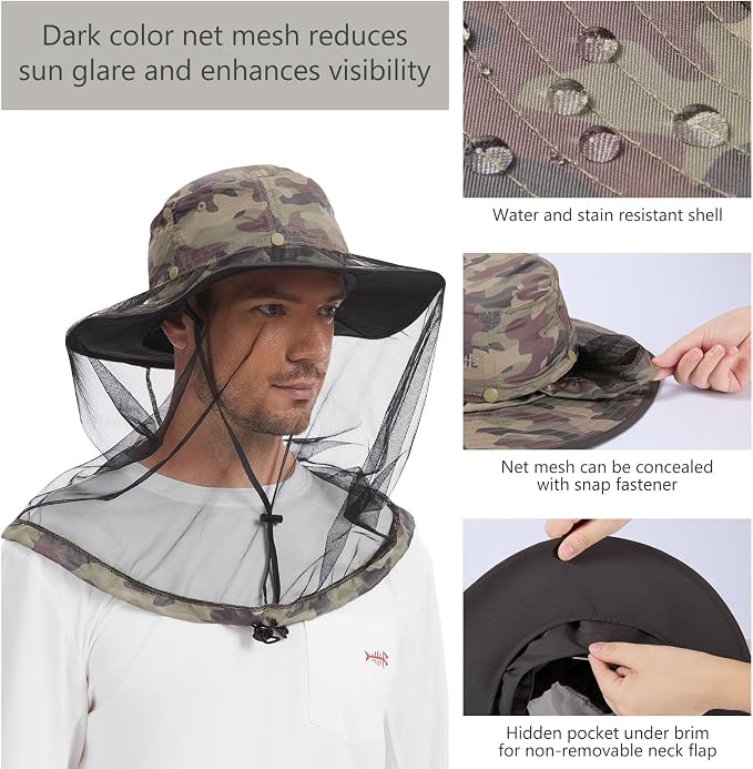 BASSDASH UPF 50+ Mosquito Sun Hat with Hidden Head Net and Neck Flap for Men Women Outdoor Fishing Hiking Camping