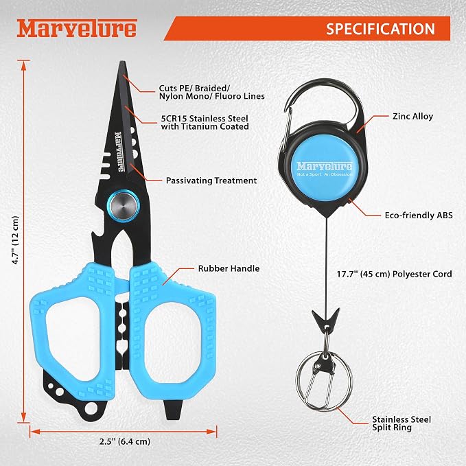Pro Fishing Shears 4.7'' (12 cm), Dual Serrated Blades, Titanium-Coated Braided Line Scissors with Non-Slip Grip & Multifunction Tool, Includes Zinger Retractor (Blue, 4.7'' (12 cm))