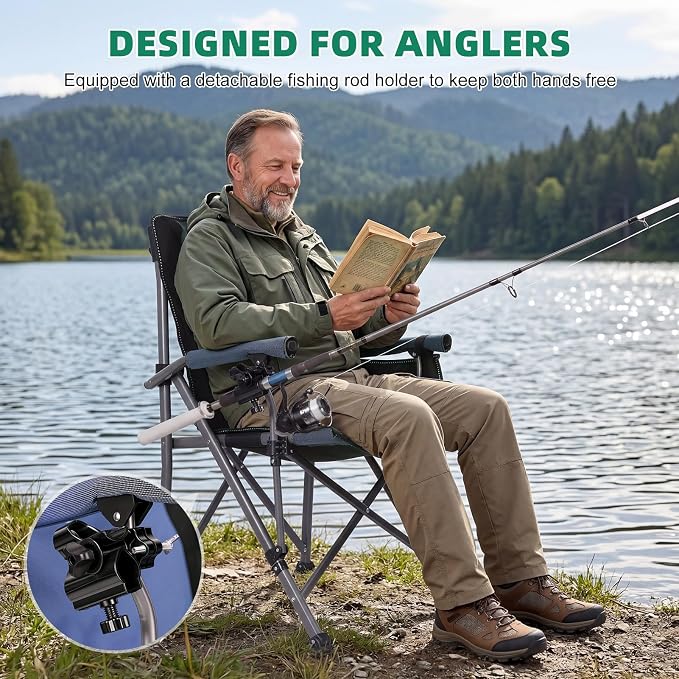 Folding Fishing Chair with Rod Holder, 150Kg Heavy Duty All Terrain Chair with Side Pocket, Cup Holder, Portable Adults Armchair for Outdoor, Camping, Garden, Beach, Lawn Blue