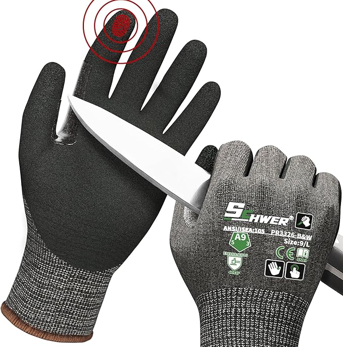 Schwer ProGuard High Level Cut Resistant Work Gloves for Extreme Protection, ANSI A9 Cut Gloves with Reinforced Thumb, Non Slip, Breathable, Durable, Touch-screen, Black 1 Pair（L 3326