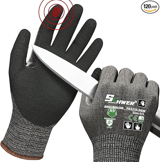 Schwer ProGuard High Level Cut Resistant Work Gloves PR3326 for Extreme Protection，ANSI A9 Cut Gloves with Reinforced Thumb, Non Slip, Non PFAS, Durable, Touch-screen, Black 120 Pairs, L