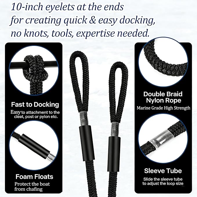 Boat Dock Lines, 3/8" x 6ft Double Braided Nylon Docking Line with Loop, Marine Grade Boats Mooring Rope, Boating Accessories