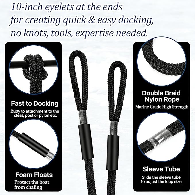 Boat Dock Lines, 1/2" x 10ft Double Braided Nylon Docking Line with Loop, Marine Grade Boats Mooring Rope, Boating Accessories