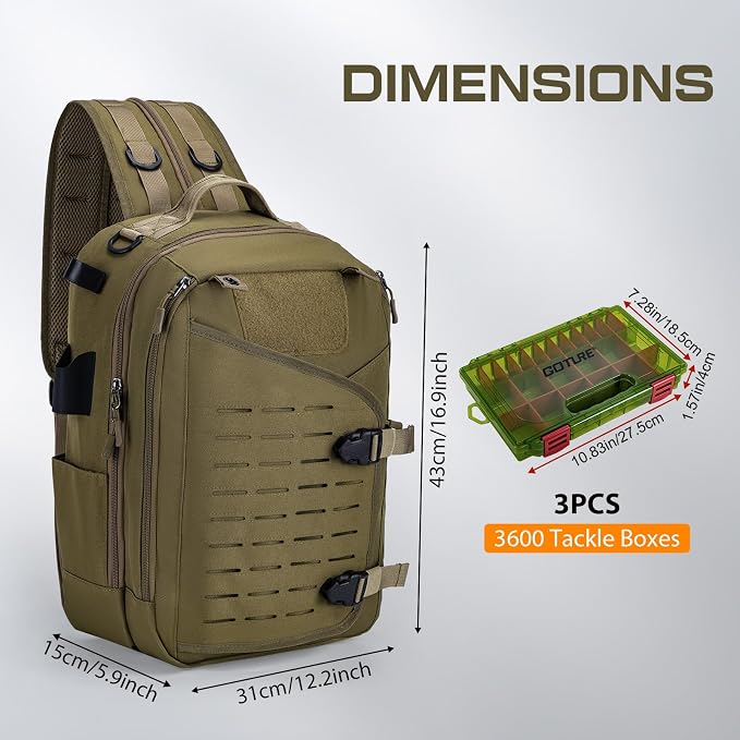 Goture Khaki Tackle Bag with Trays Rod Holder 900D Durable Fishing Tackle Storage Bag for Kayak, Shore Fishing
