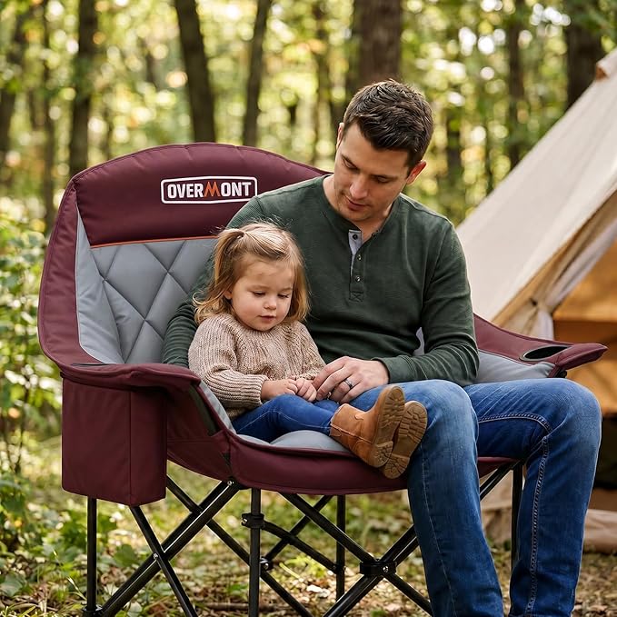 Overmont Oversized XL Camping Chair for Adults - 500lbs Support Heavy-Duty Padded Folding Chair with Side Pocket Cup Holder Cooling Bag for Outdoor Sports Garden Beach Fishing Lawn Red